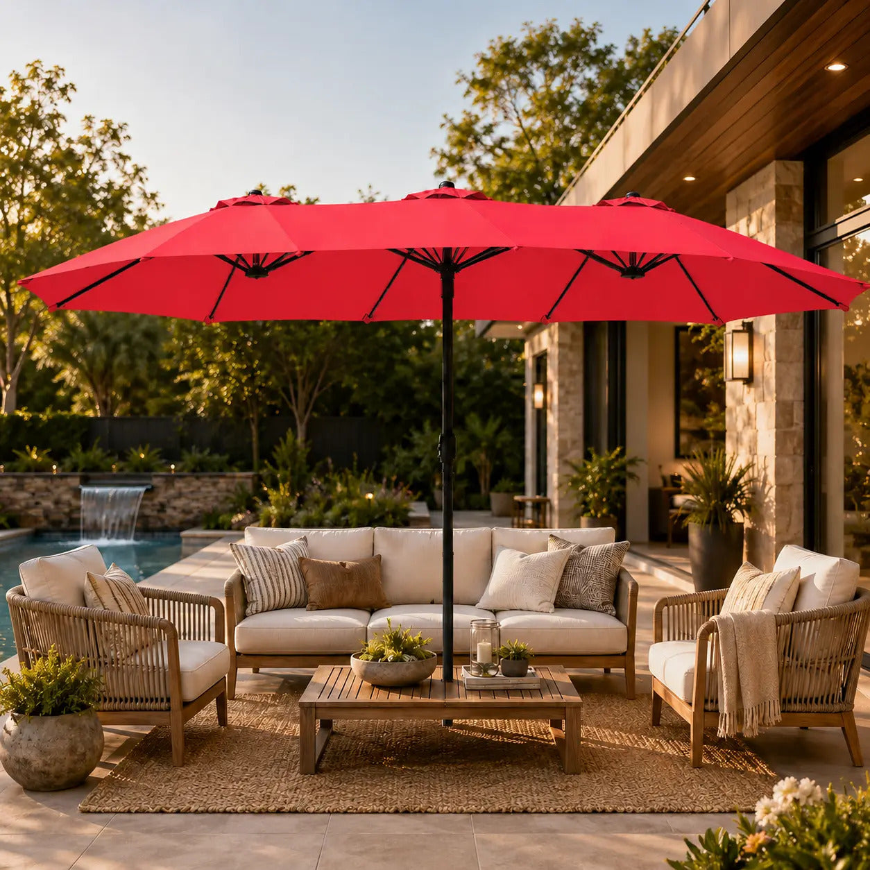 15ft Solar LED RGB Patio Umbrella, 12-Mode Color Changing Outdoor Umbrella with Base Stand, UV & Weather Resistant, Triple-Vented Canopy, Multi-Mode LED Light Strips