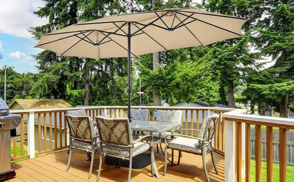 15ft Solar LED RGB Patio Umbrella, 12-Mode Color Changing Outdoor Umbrella with Base Stand, UV & Weather Resistant, Triple-Vented Canopy, Multi-Mode LED Light Strips
