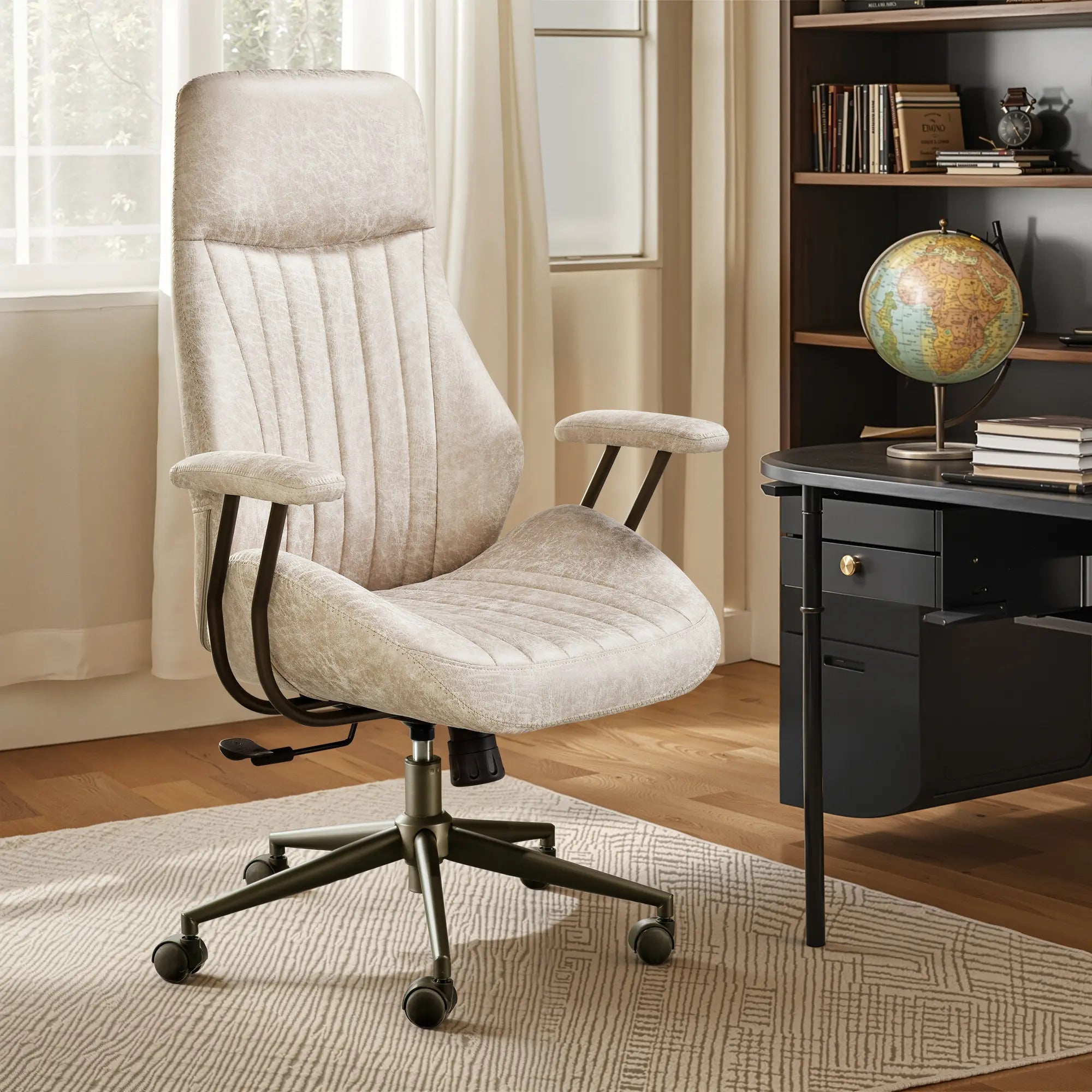 Oversized Home Office Chair, Extra-Wide Big & Tall Executive Swivel Chair with High Back Support, Thick Cushions, Faux Leather Upholstery, Mid-Century Modern Design, Rolling Computer Desk Armchair