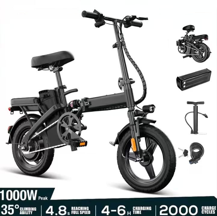 14 Inch Folding Portable Electric Bike 1000W Motor 35+ Miles Range 20+ MPH Max Speed, 12Ah Removable Battery, Front & Rear Air Tires Dual Disc Brake LED Display 2 Person Carry E-Bicycle