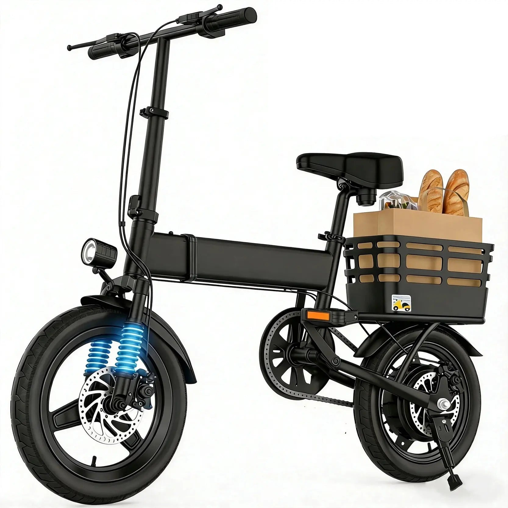 14 Inch Folding Portable Electric Bike 1000W Motor 35+ Miles Range 20+ MPH Max Speed, 12Ah Removable Battery, Front & Rear Air Tires Dual Disc Brake LED Display 2 Person Carry E-Bicycle