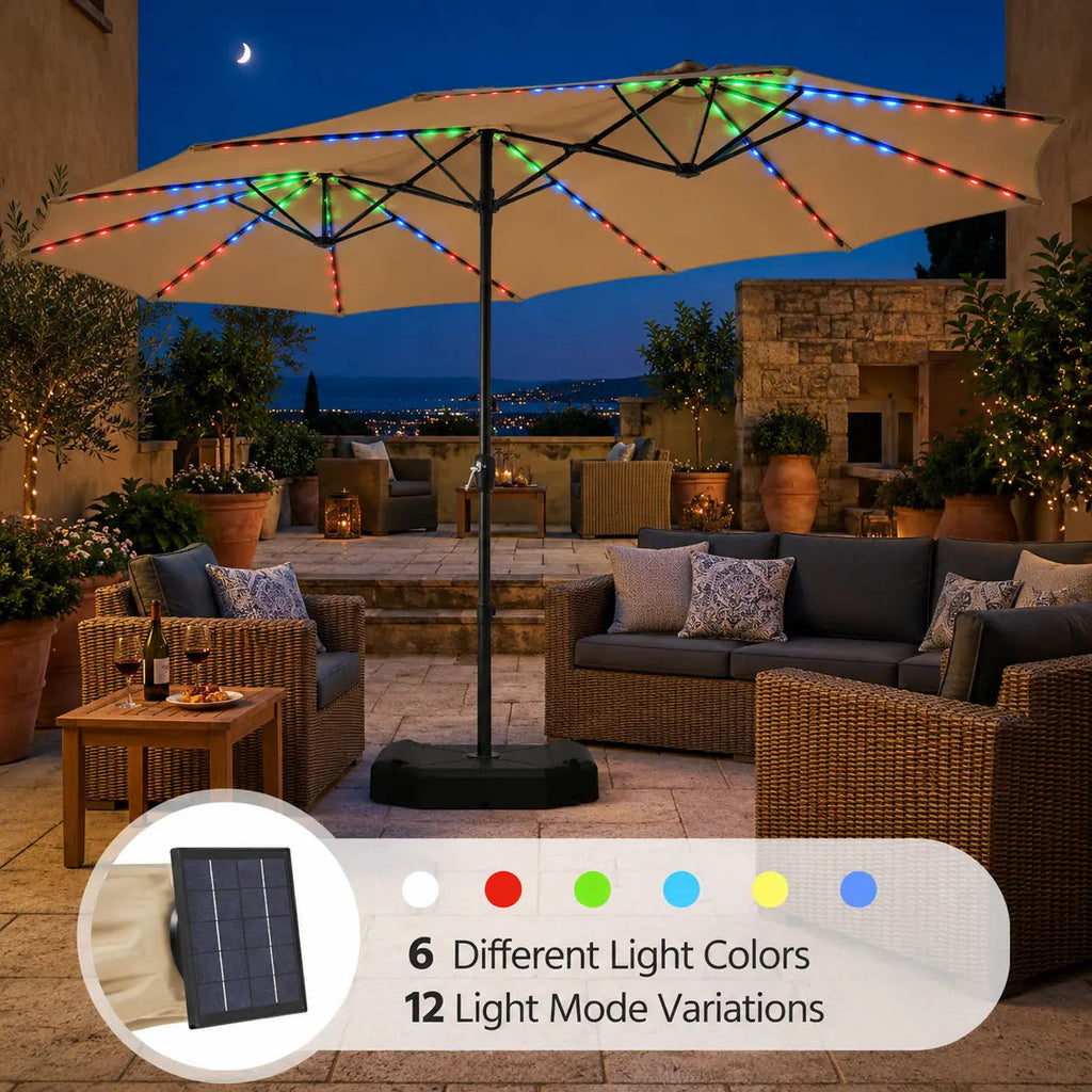 15ft Solar LED RGB Patio Umbrella, 12-Mode Color Changing Outdoor Umbrella with Base Stand, UV & Weather Resistant, Triple-Vented Canopy, Multi-Mode LED Light Strips