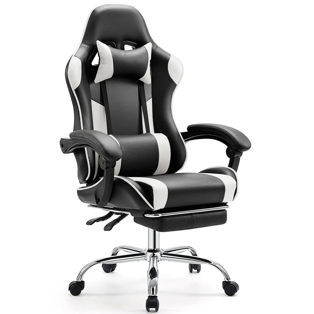 Ergonomic Gaming Chair, PU Leather Office & Gaming Recliner Chair with Height Adjustment, Fixed Armrests, Headrest, Retractable Footrest, 360° Swivel, Racing-Style Design for Home Office, Computer Use & Gaming