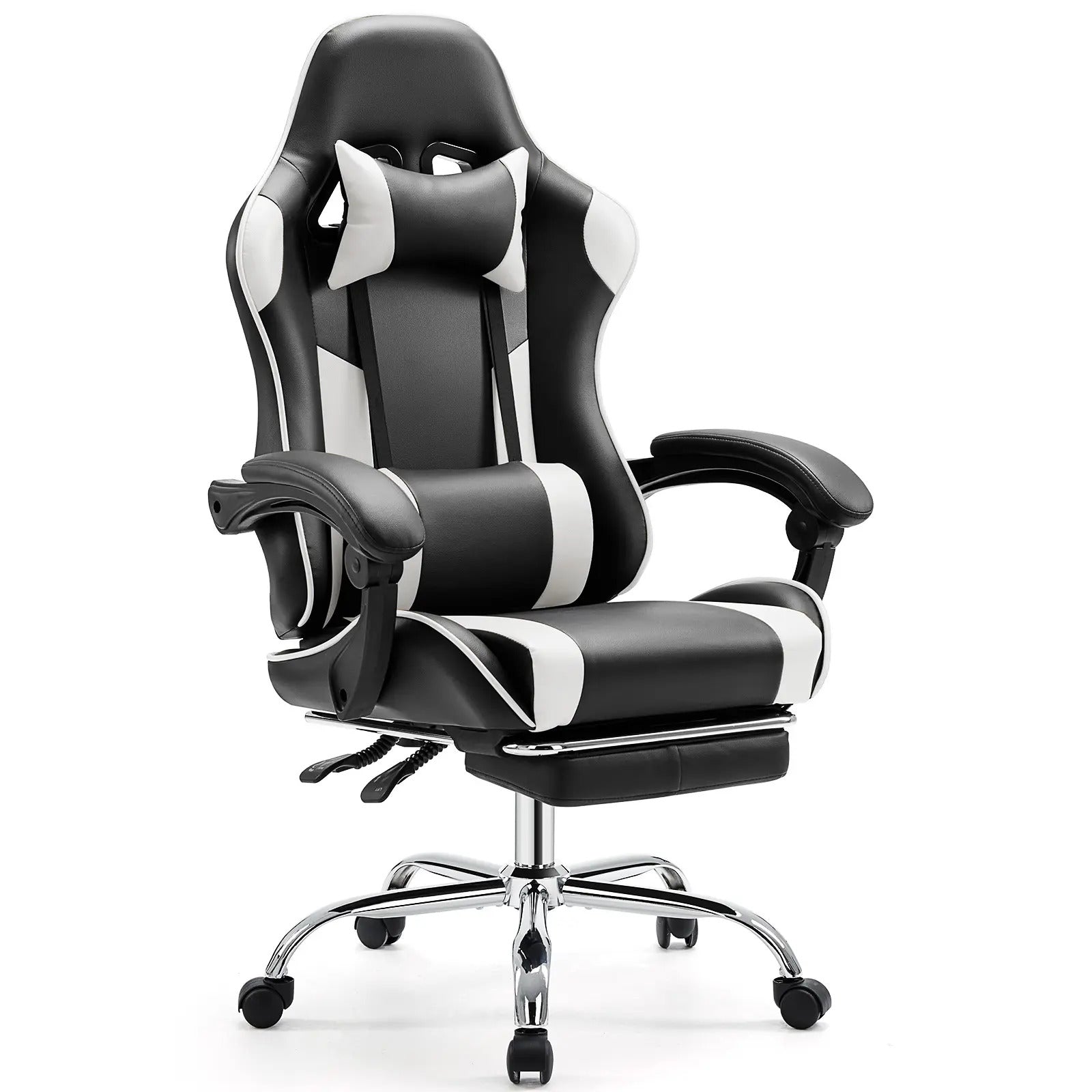 Ergonomic Gaming Chair, PU Leather Office & Gaming Recliner Chair with Height Adjustment, Fixed Armrests, Headrest, Retractable Footrest, 360° Swivel, Racing-Style Design for Home Office, Computer Use & Gaming