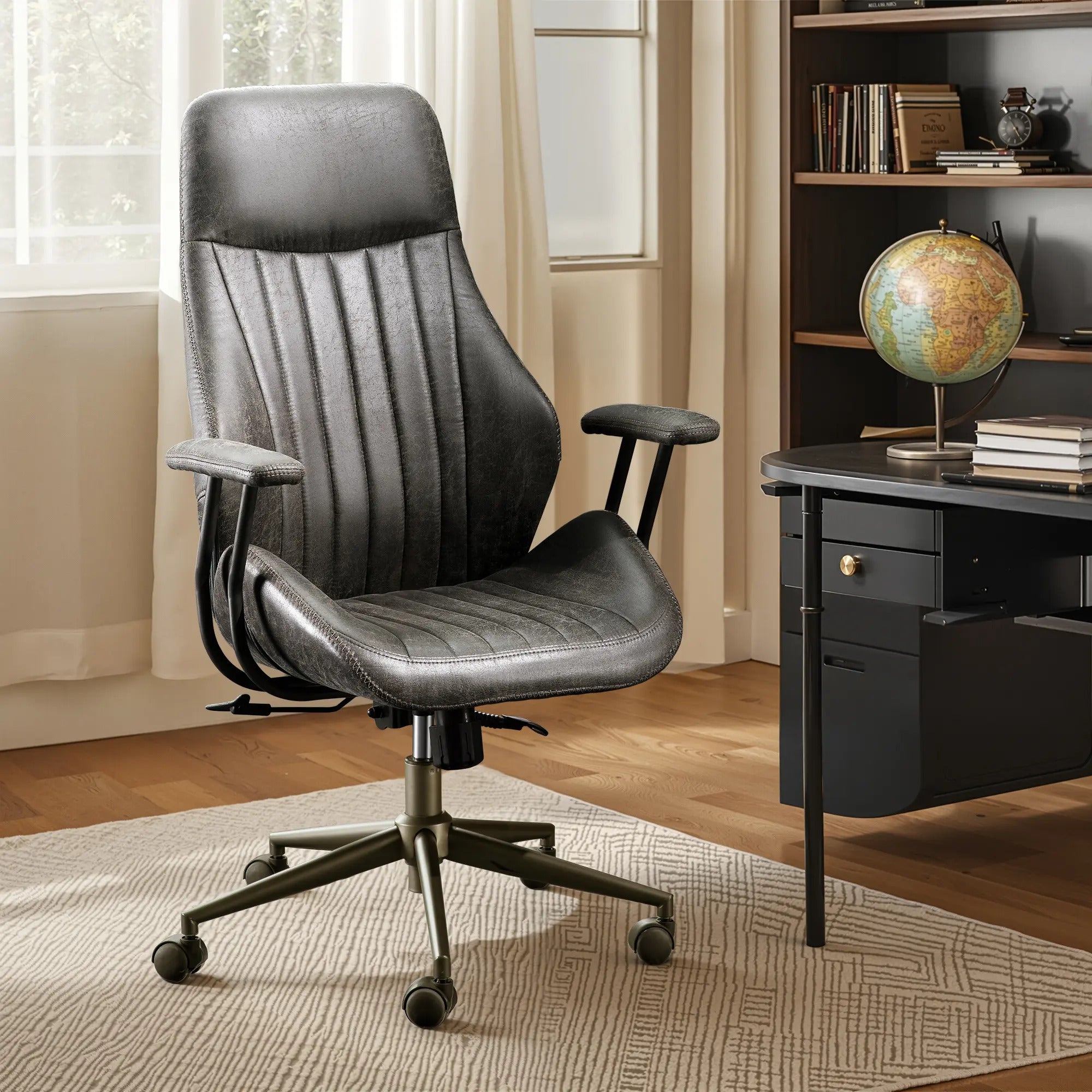 Oversized Home Office Chair, Extra-Wide Big & Tall Executive Swivel Chair with High Back Support, Thick Cushions, Faux Leather Upholstery, Mid-Century Modern Design, Rolling Computer Desk Armchair