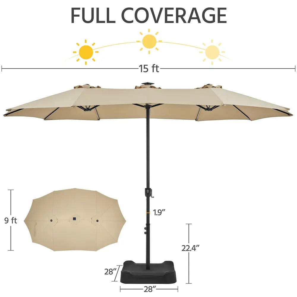 15ft Solar LED RGB Patio Umbrella, 12-Mode Color Changing Outdoor Umbrella with Base Stand, UV & Weather Resistant, Triple-Vented Canopy, Multi-Mode LED Light Strips
