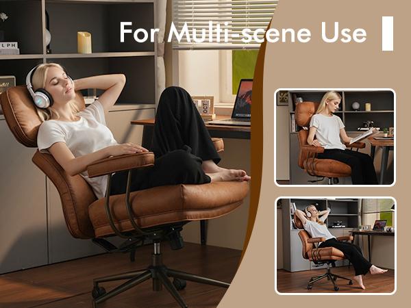 Oversized Home Office Chair, Extra-Wide Big & Tall Executive Swivel Chair with High Back Support, Thick Cushions, Faux Leather Upholstery, Mid-Century Modern Design, Rolling Computer Desk Armchair
