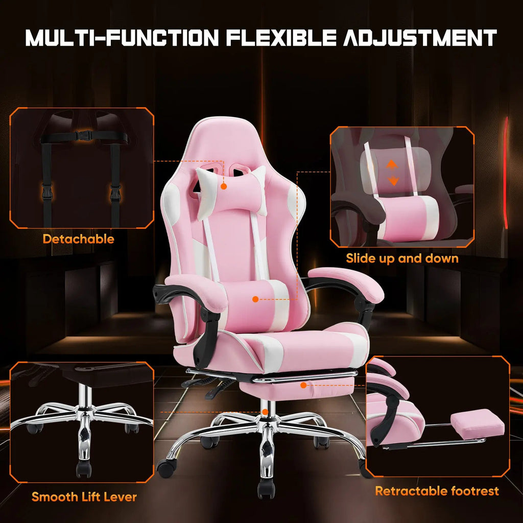 Ergonomic Gaming Chair, PU Leather Office & Gaming Recliner Chair with Height Adjustment, Fixed Armrests, Headrest, Retractable Footrest, 360° Swivel, Racing-Style Design for Home Office, Computer Use & Gaming
