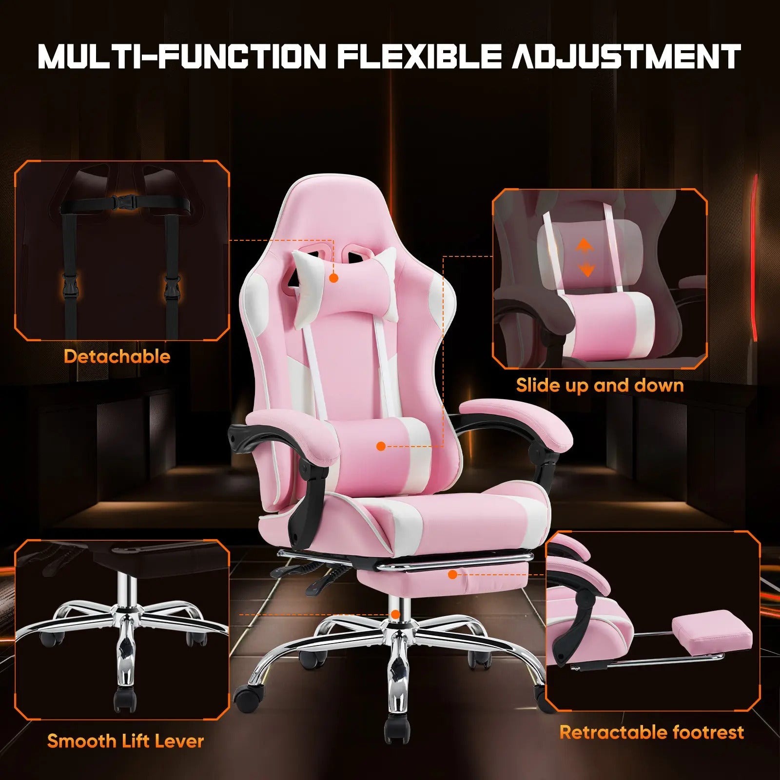 Ergonomic Gaming Chair, PU Leather Office & Gaming Recliner Chair with Height Adjustment, Fixed Armrests, Headrest, Retractable Footrest, 360° Swivel, Racing-Style Design for Home Office, Computer Use & Gaming