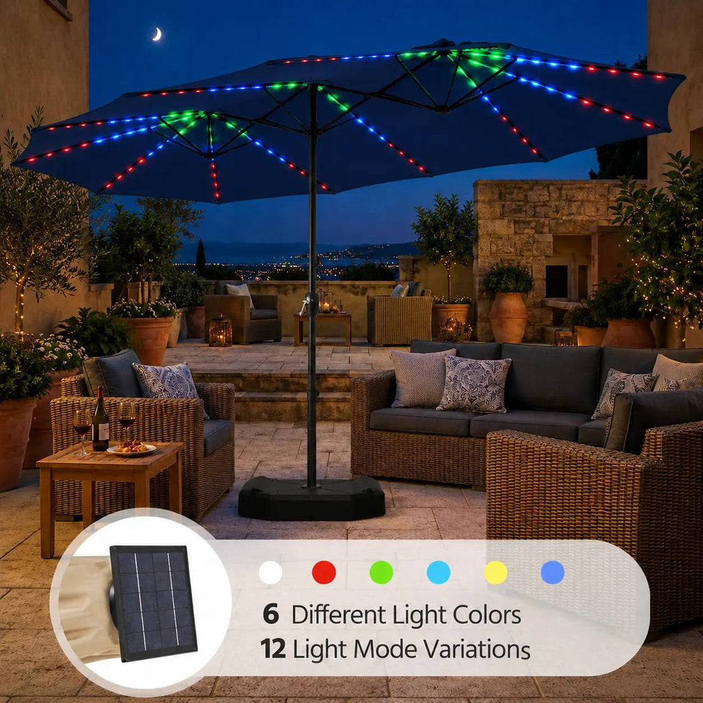 15ft Solar LED RGB Patio Umbrella, 12-Mode Color Changing Outdoor Umbrella with Base Stand, UV & Weather Resistant, Triple-Vented Canopy, Multi-Mode LED Light Strips