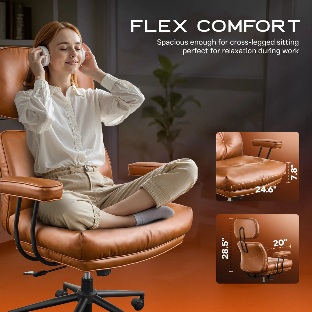 Oversized Home Office Chair, Extra-Wide Big & Tall Executive Swivel Chair with High Back Support, Thick Cushions, Faux Leather Upholstery, Mid-Century Modern Design, Rolling Computer Desk Armchair