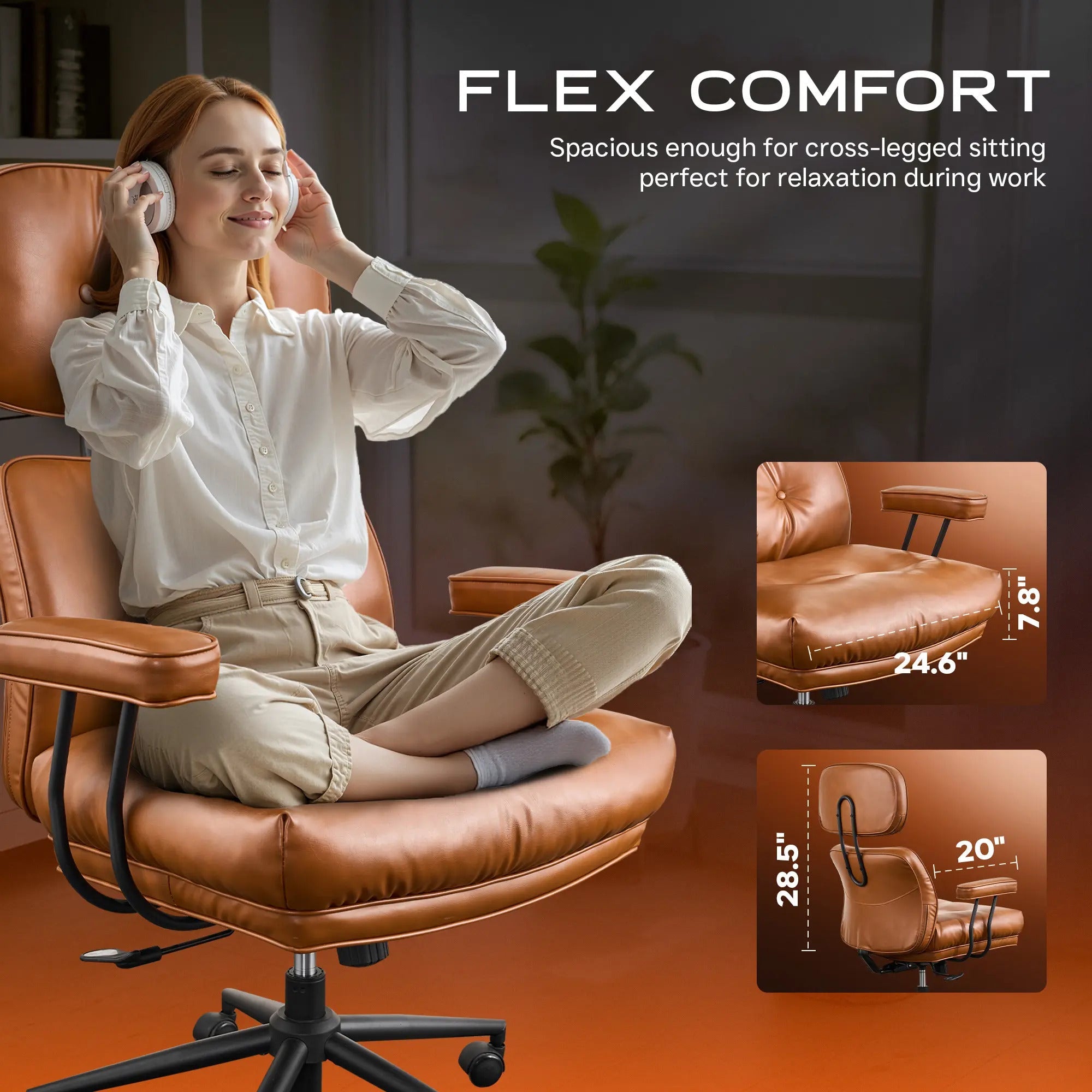 Oversized Home Office Chair, Extra-Wide Big & Tall Executive Swivel Chair with High Back Support, Thick Cushions, Faux Leather Upholstery, Mid-Century Modern Design, Rolling Computer Desk Armchair