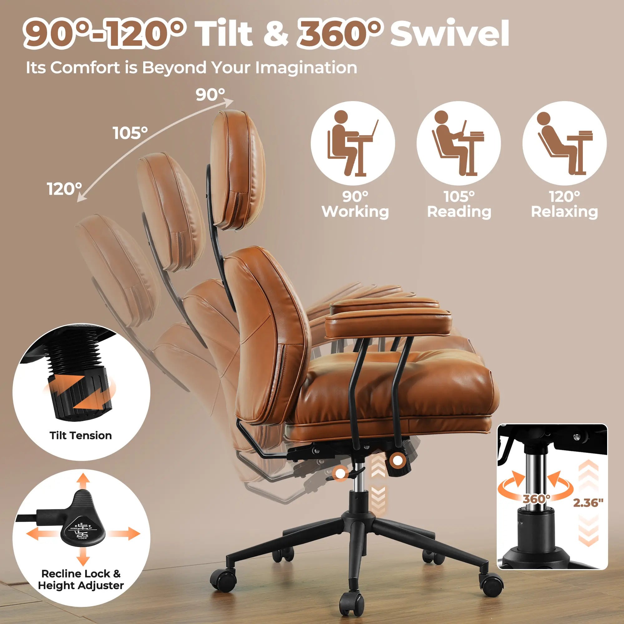 Oversized Home Office Chair, Extra-Wide Big & Tall Executive Swivel Chair with High Back Support, Thick Cushions, Faux Leather Upholstery, Mid-Century Modern Design, Rolling Computer Desk Armchair