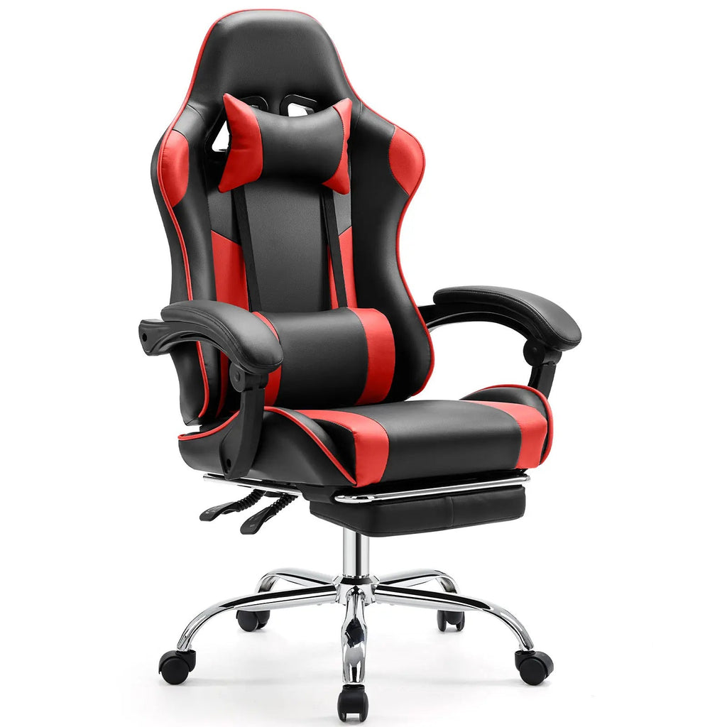 Ergonomic Gaming Chair, PU Leather Office & Gaming Recliner Chair with Height Adjustment, Fixed Armrests, Headrest, Retractable Footrest, 360° Swivel, Racing-Style Design for Home Office, Computer Use & Gaming