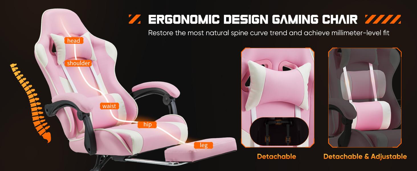 Ergonomic Gaming Chair, PU Leather Office & Gaming Recliner Chair with Height Adjustment, Fixed Armrests, Headrest, Retractable Footrest, 360° Swivel, Racing-Style Design for Home Office, Computer Use & Gaming
