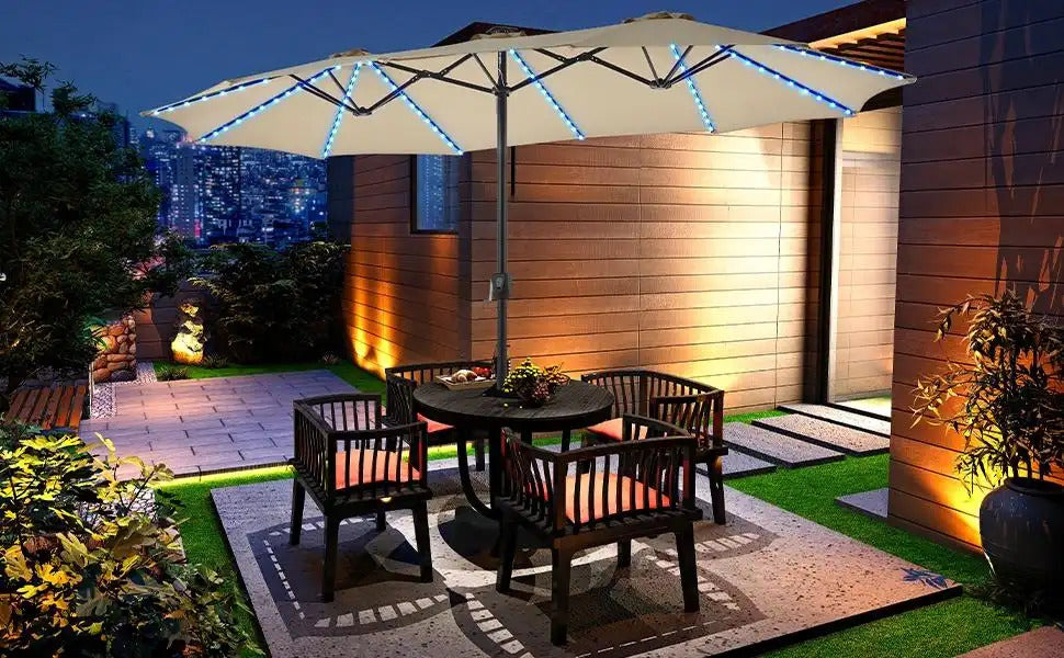 15ft Solar LED RGB Patio Umbrella, 12-Mode Color Changing Outdoor Umbrella with Base Stand, UV & Weather Resistant, Triple-Vented Canopy, Multi-Mode LED Light Strips