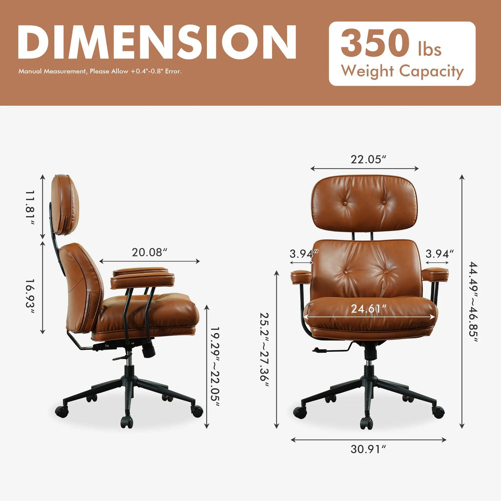 Oversized Home Office Chair, Extra-Wide Big & Tall Executive Swivel Chair with High Back Support, Thick Cushions, Faux Leather Upholstery, Mid-Century Modern Design, Rolling Computer Desk Armchair
