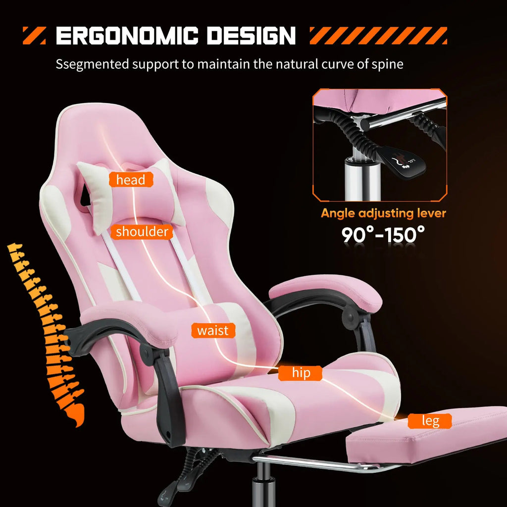 Ergonomic Gaming Chair, PU Leather Office & Gaming Recliner Chair with Height Adjustment, Fixed Armrests, Headrest, Retractable Footrest, 360° Swivel, Racing-Style Design for Home Office, Computer Use & Gaming