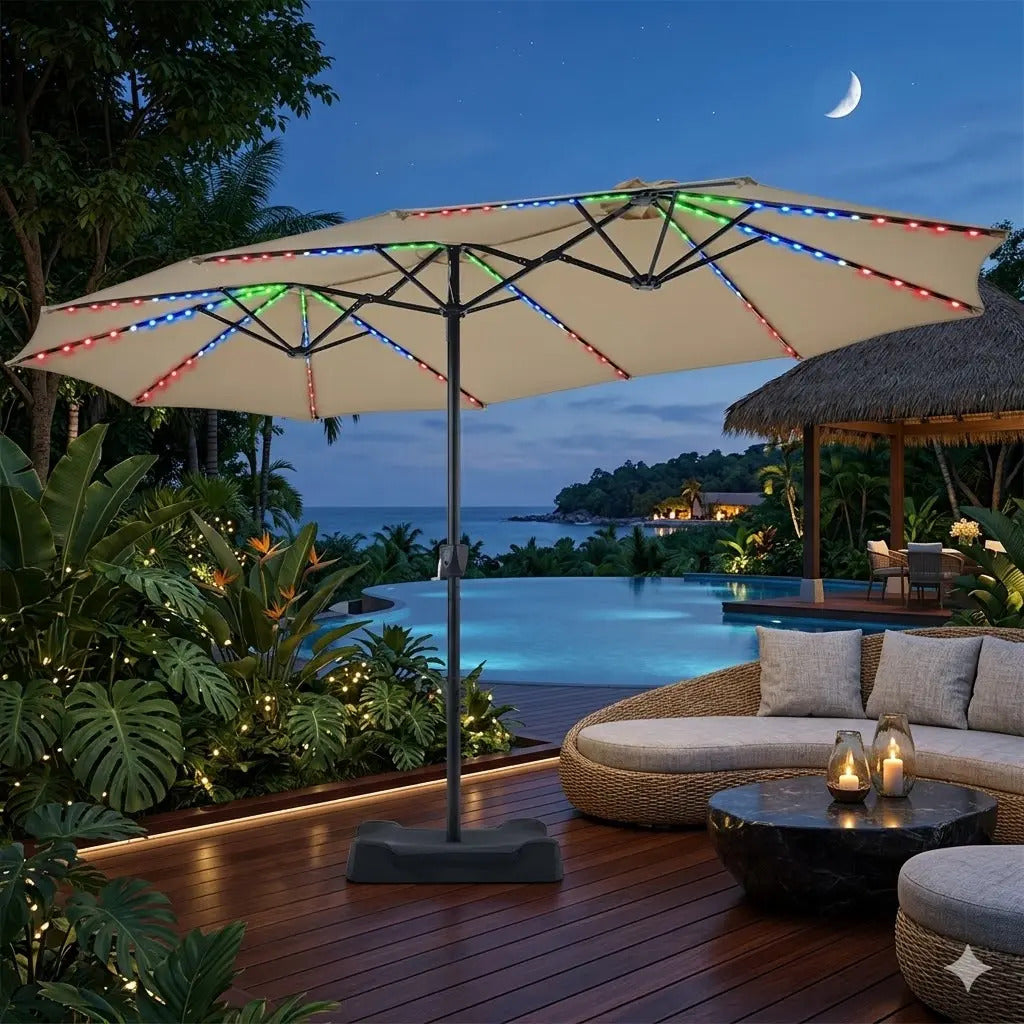 15ft Solar LED RGB Patio Umbrella, 12-Mode Color Changing Outdoor Umbrella with Base Stand, UV & Weather Resistant, Triple-Vented Canopy, Multi-Mode LED Light Strips