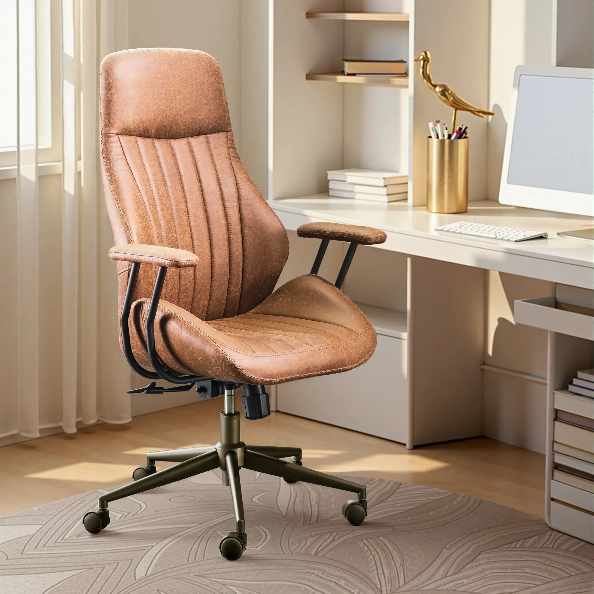 Oversized Home Office Chair, Extra-Wide Big & Tall Executive Swivel Chair with High Back Support, Thick Cushions, Faux Leather Upholstery, Mid-Century Modern Design, Rolling Computer Desk Armchair