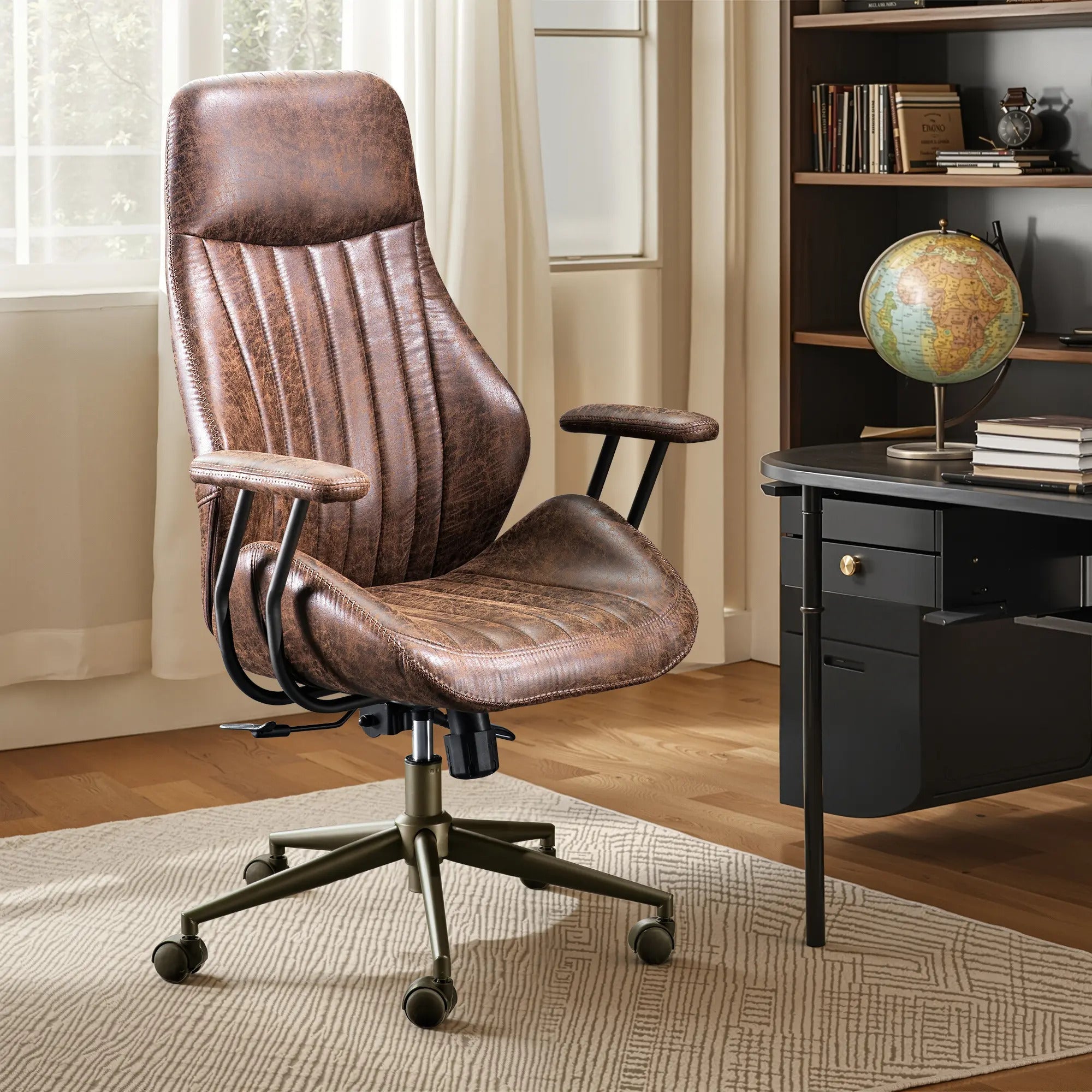 Oversized Home Office Chair, Extra-Wide Big & Tall Executive Swivel Chair with High Back Support, Thick Cushions, Faux Leather Upholstery, Mid-Century Modern Design, Rolling Computer Desk Armchair
