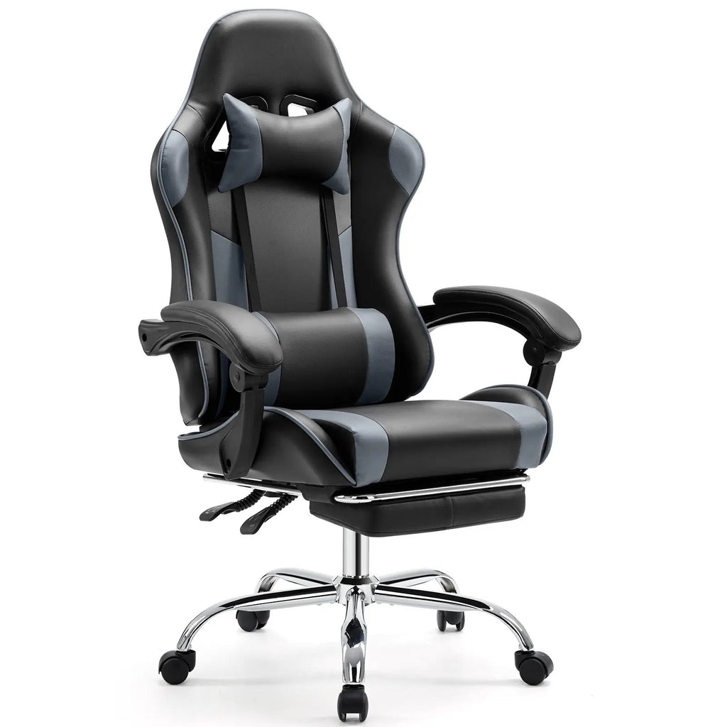 Ergonomic Gaming Chair, PU Leather Office & Gaming Recliner Chair with Height Adjustment, Fixed Armrests, Headrest, Retractable Footrest, 360° Swivel, Racing-Style Design for Home Office, Computer Use & Gaming