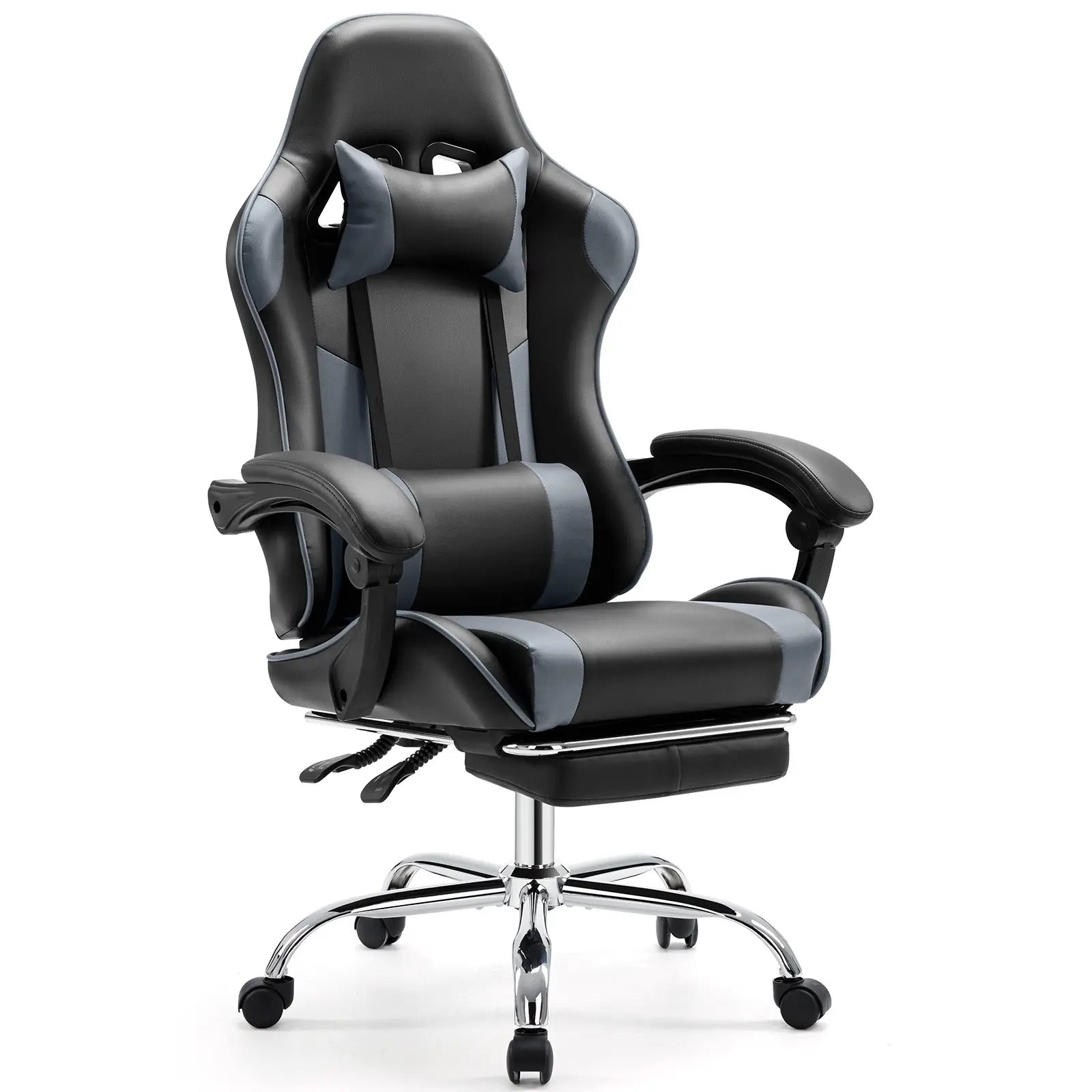 Ergonomic Gaming Chair, PU Leather Office & Gaming Recliner Chair with Height Adjustment, Fixed Armrests, Headrest, Retractable Footrest, 360° Swivel, Racing-Style Design for Home Office, Computer Use & Gaming