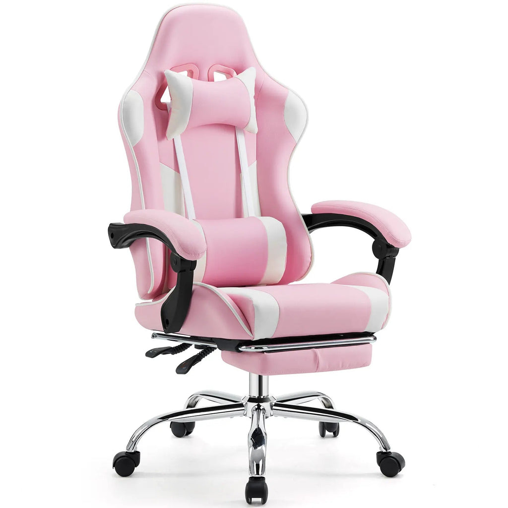 Ergonomic Gaming Chair, PU Leather Office & Gaming Recliner Chair with Height Adjustment, Fixed Armrests, Headrest, Retractable Footrest, 360° Swivel, Racing-Style Design for Home Office, Computer Use & Gaming