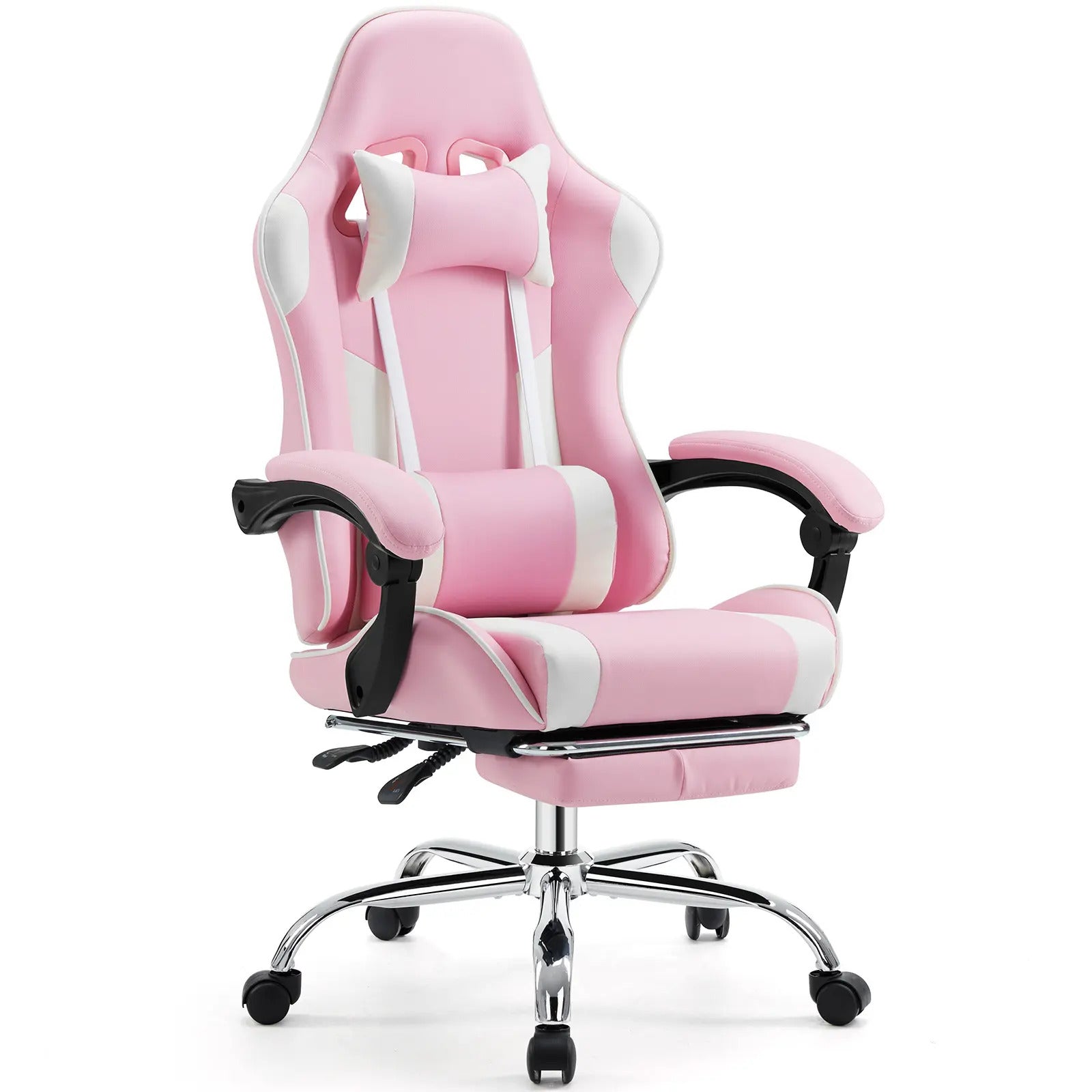 Ergonomic Gaming Chair, PU Leather Office & Gaming Recliner Chair with Height Adjustment, Fixed Armrests, Headrest, Retractable Footrest, 360° Swivel, Racing-Style Design for Home Office, Computer Use & Gaming