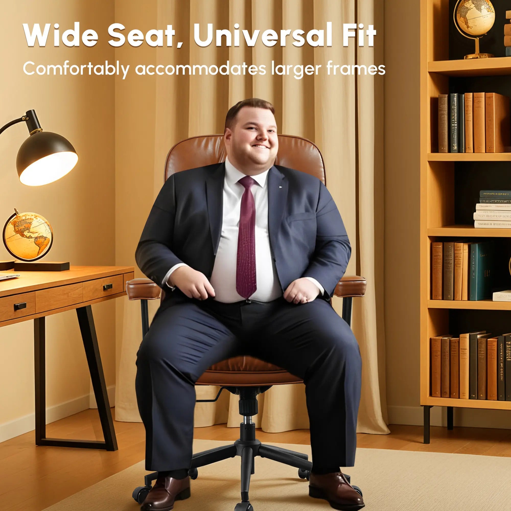 Oversized Home Office Chair, Extra-Wide Big & Tall Executive Swivel Chair with High Back Support, Thick Cushions, Faux Leather Upholstery, Mid-Century Modern Design, Rolling Computer Desk Armchair