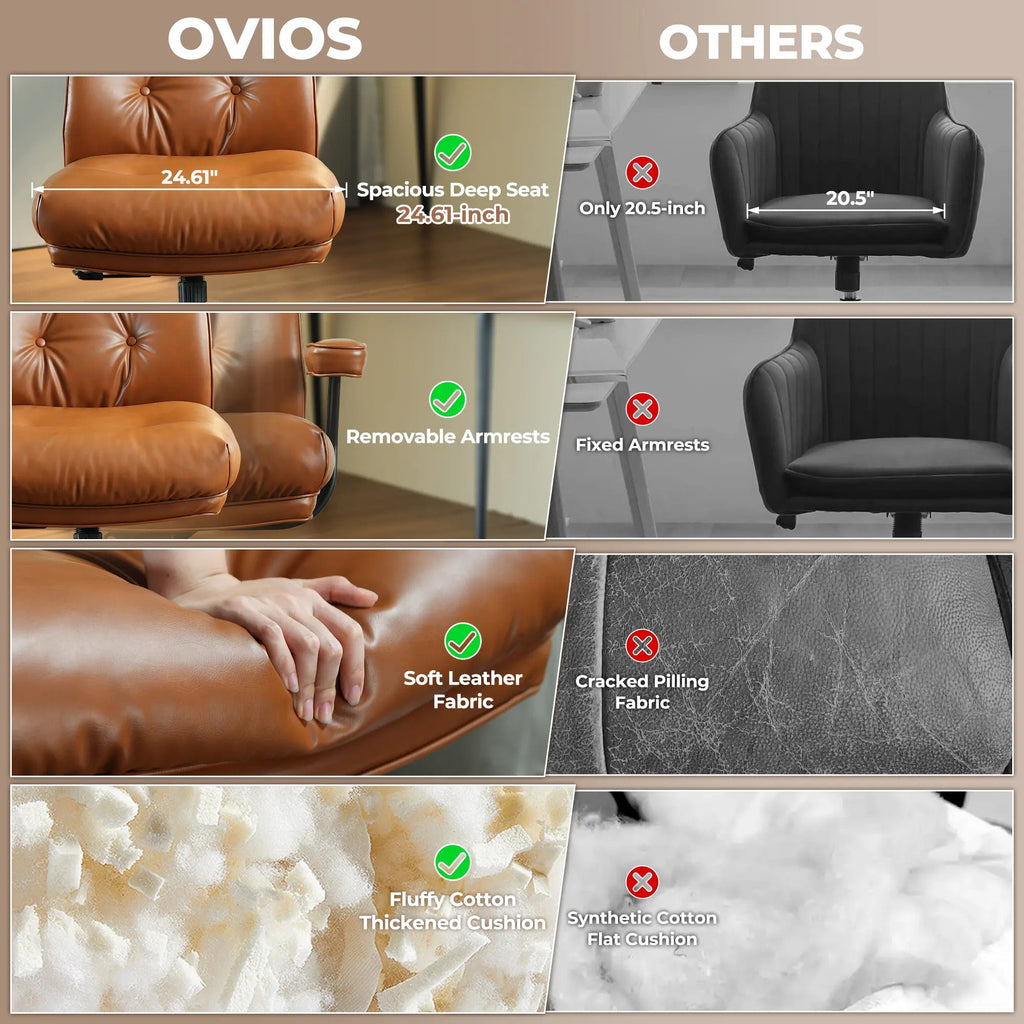 Oversized Home Office Chair, Extra-Wide Big & Tall Executive Swivel Chair with High Back Support, Thick Cushions, Faux Leather Upholstery, Mid-Century Modern Design, Rolling Computer Desk Armchair