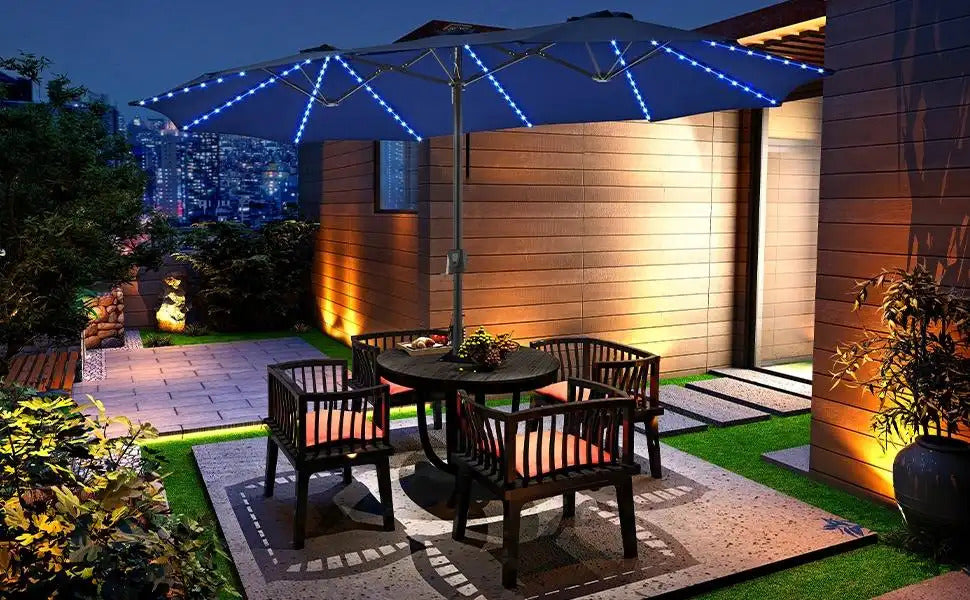 15ft Solar LED RGB Patio Umbrella, 12-Mode Color Changing Outdoor Umbrella with Base Stand, UV & Weather Resistant, Triple-Vented Canopy, Multi-Mode LED Light Strips