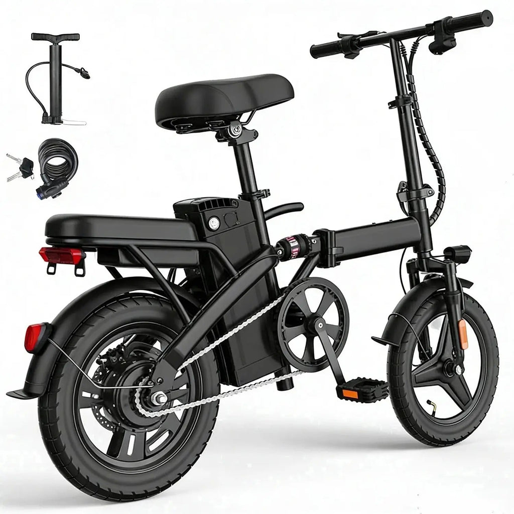 14 Inch Folding Portable Electric Bike 1000W Motor 35+ Miles Range 20+ MPH Max Speed, 12Ah Removable Battery, Front & Rear Air Tires Dual Disc Brake LED Display 2 Person Carry E-Bicycle