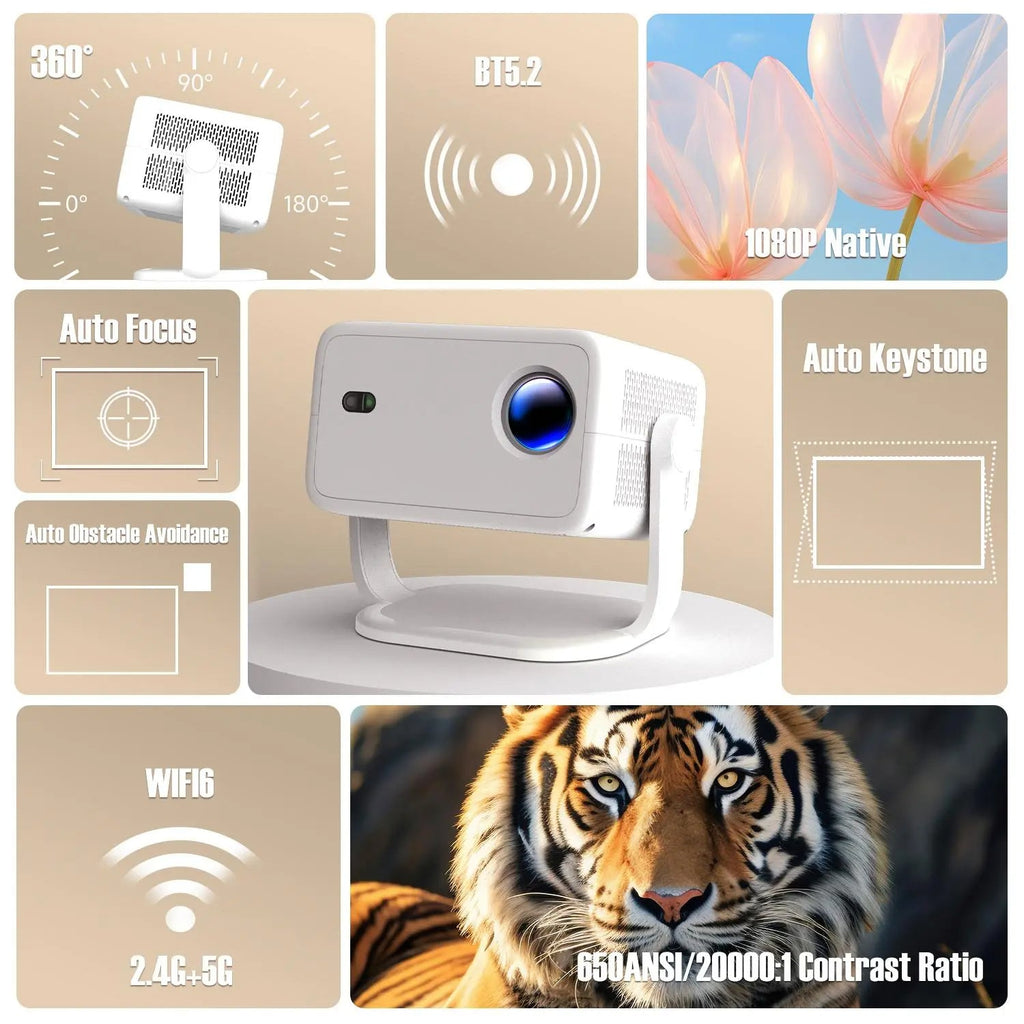 L018 Smart Projector 650 ANSI Auto Focus 1080P Home Cinema Projector with Android 14 WiFi 6 & BT 5.2 – Portable Mini Projector Bundle with Built-in Speaker & Complete Projection Kit Included