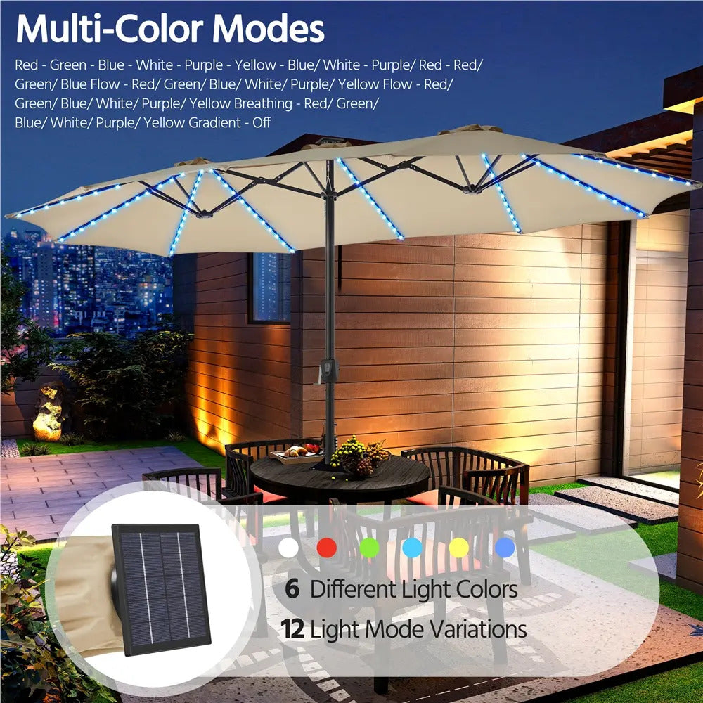 15ft Solar LED RGB Patio Umbrella, 12-Mode Color Changing Outdoor Umbrella with Base Stand, UV & Weather Resistant, Triple-Vented Canopy, Multi-Mode LED Light Strips