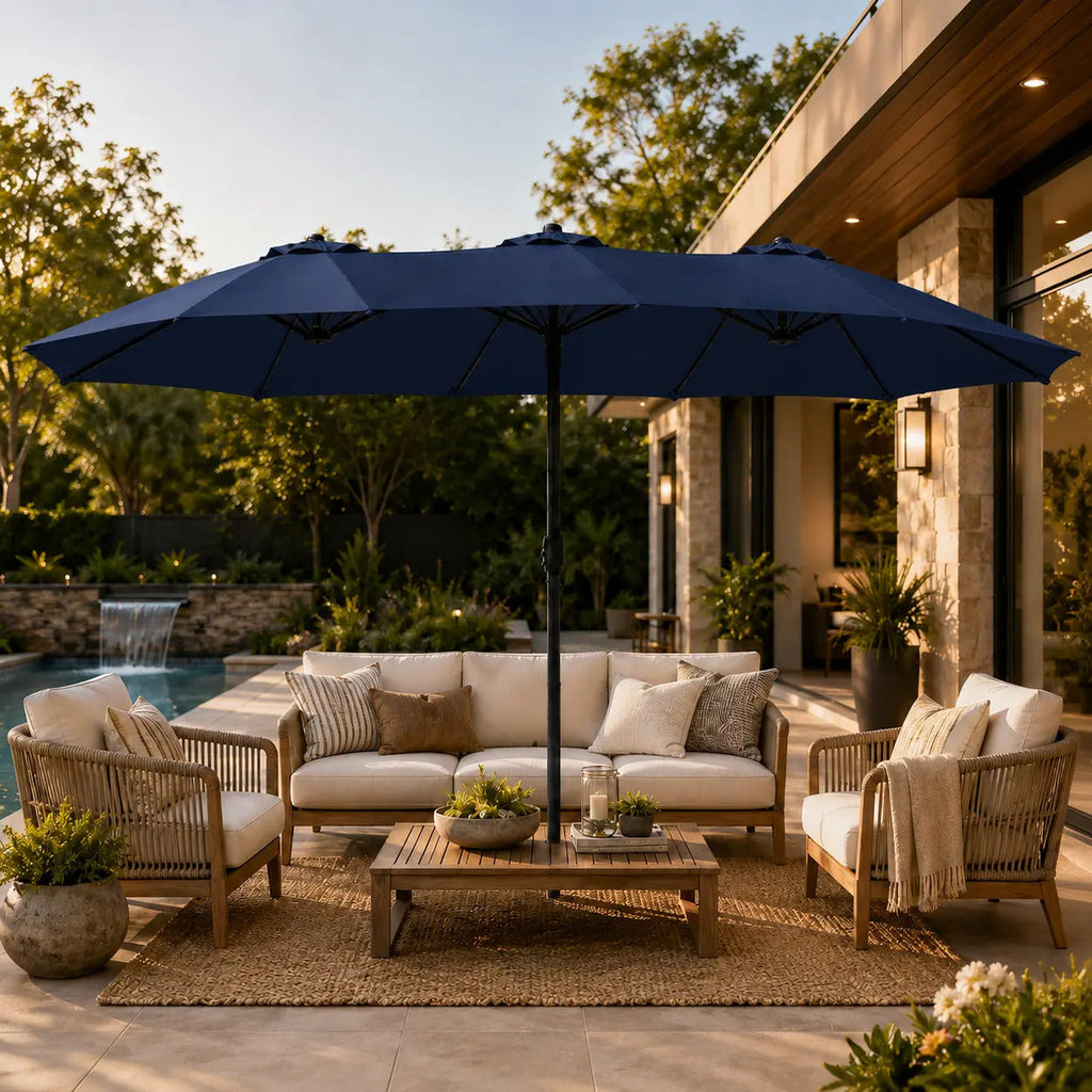 15ft Solar LED RGB Patio Umbrella, 12-Mode Color Changing Outdoor Umbrella with Base Stand, UV & Weather Resistant, Triple-Vented Canopy, Multi-Mode LED Light Strips