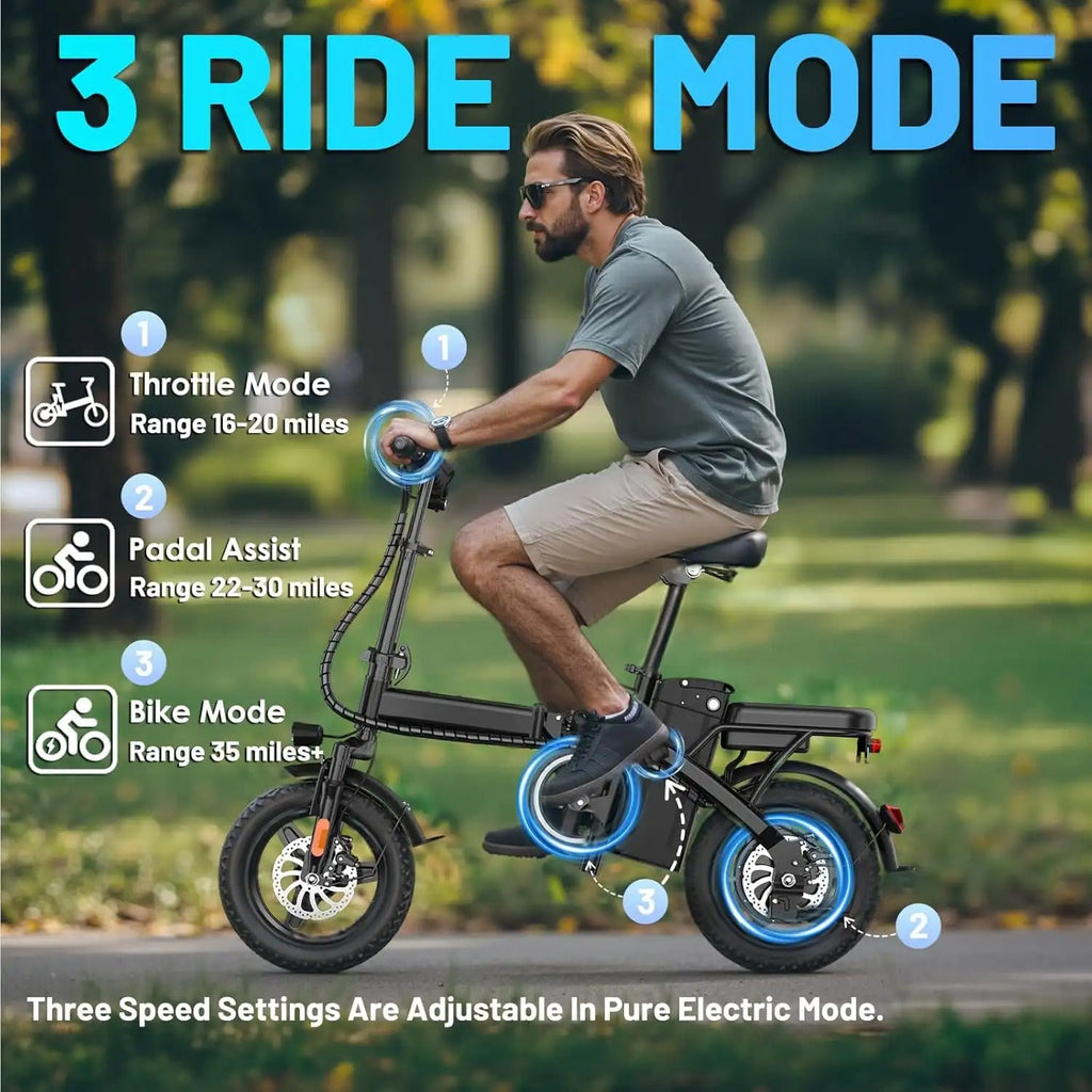 14 Inch Folding Portable Electric Bike 1000W Motor 35+ Miles Range 20+ MPH Max Speed, 12Ah Removable Battery, Front & Rear Air Tires Dual Disc Brake LED Display 2 Person Carry E-Bicycle