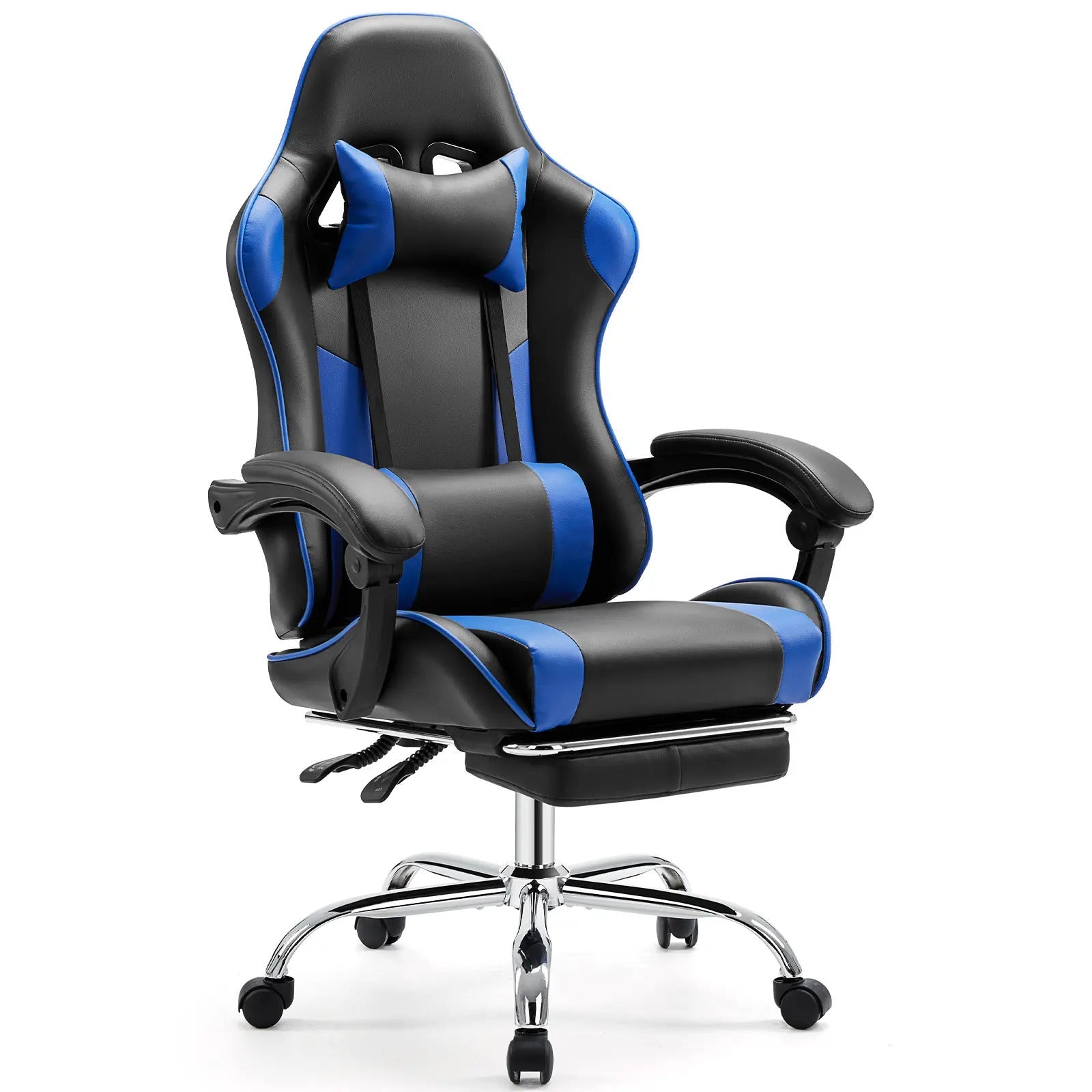 Ergonomic Gaming Chair, PU Leather Office & Gaming Recliner Chair with Height Adjustment, Fixed Armrests, Headrest, Retractable Footrest, 360° Swivel, Racing-Style Design for Home Office, Computer Use & Gaming