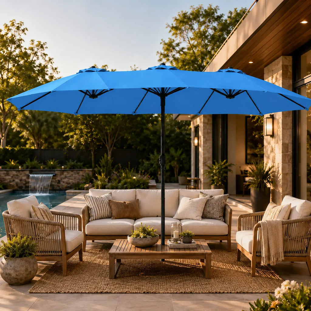15ft Solar LED RGB Patio Umbrella, 12-Mode Color Changing Outdoor Umbrella with Base Stand, UV & Weather Resistant, Triple-Vented Canopy, Multi-Mode LED Light Strips