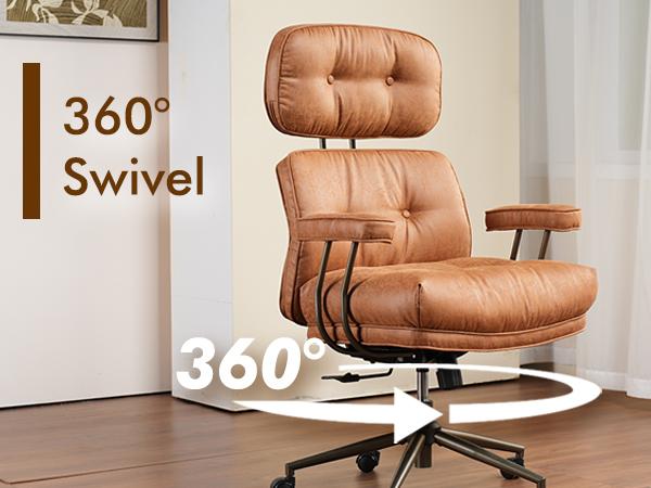 Oversized Home Office Chair, Extra-Wide Big & Tall Executive Swivel Chair with High Back Support, Thick Cushions, Faux Leather Upholstery, Mid-Century Modern Design, Rolling Computer Desk Armchair