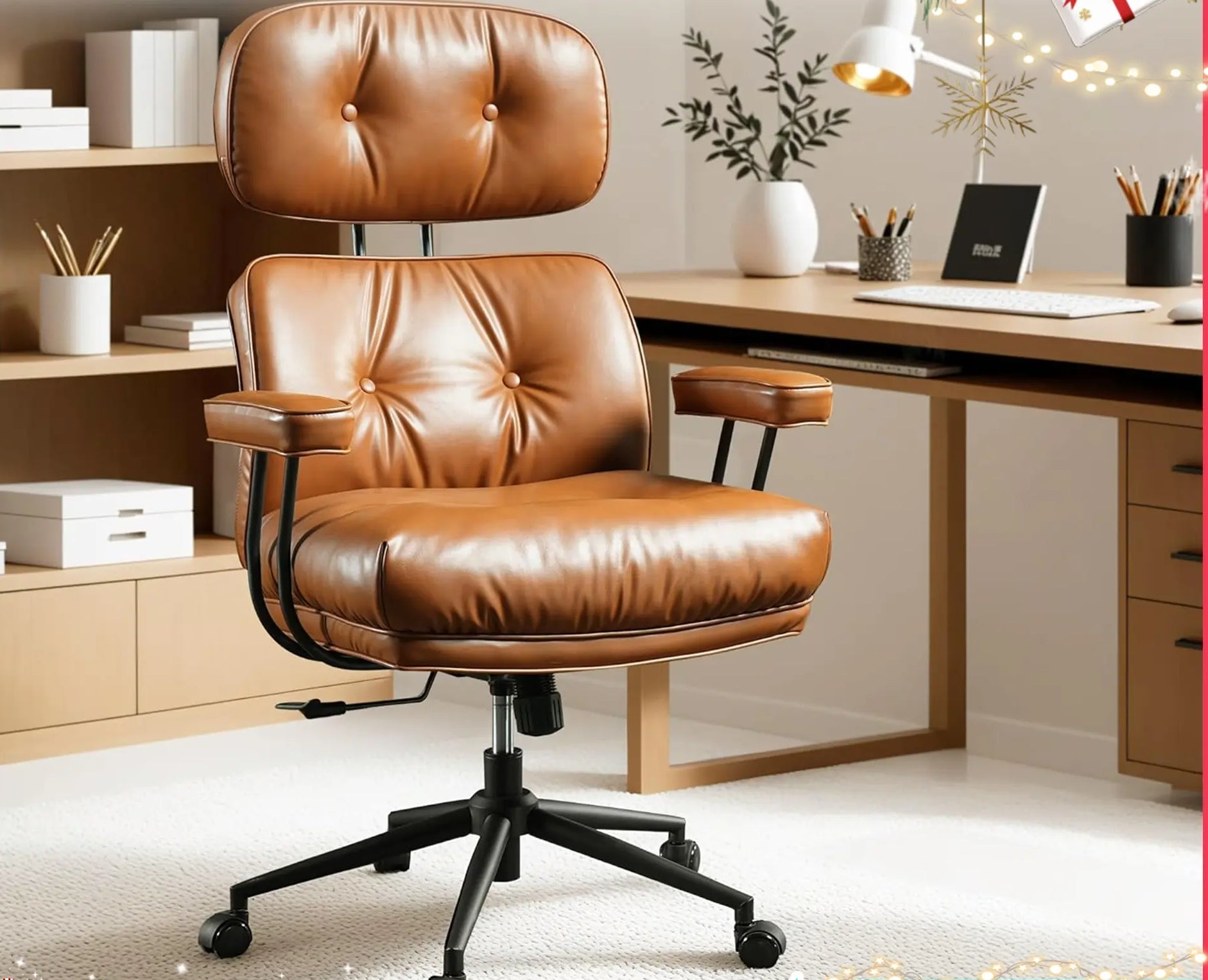 Oversized Home Office Chair, Extra-Wide Big & Tall Executive Swivel Chair with High Back Support, Thick Cushions, Faux Leather Upholstery, Mid-Century Modern Design, Rolling Computer Desk Armchair