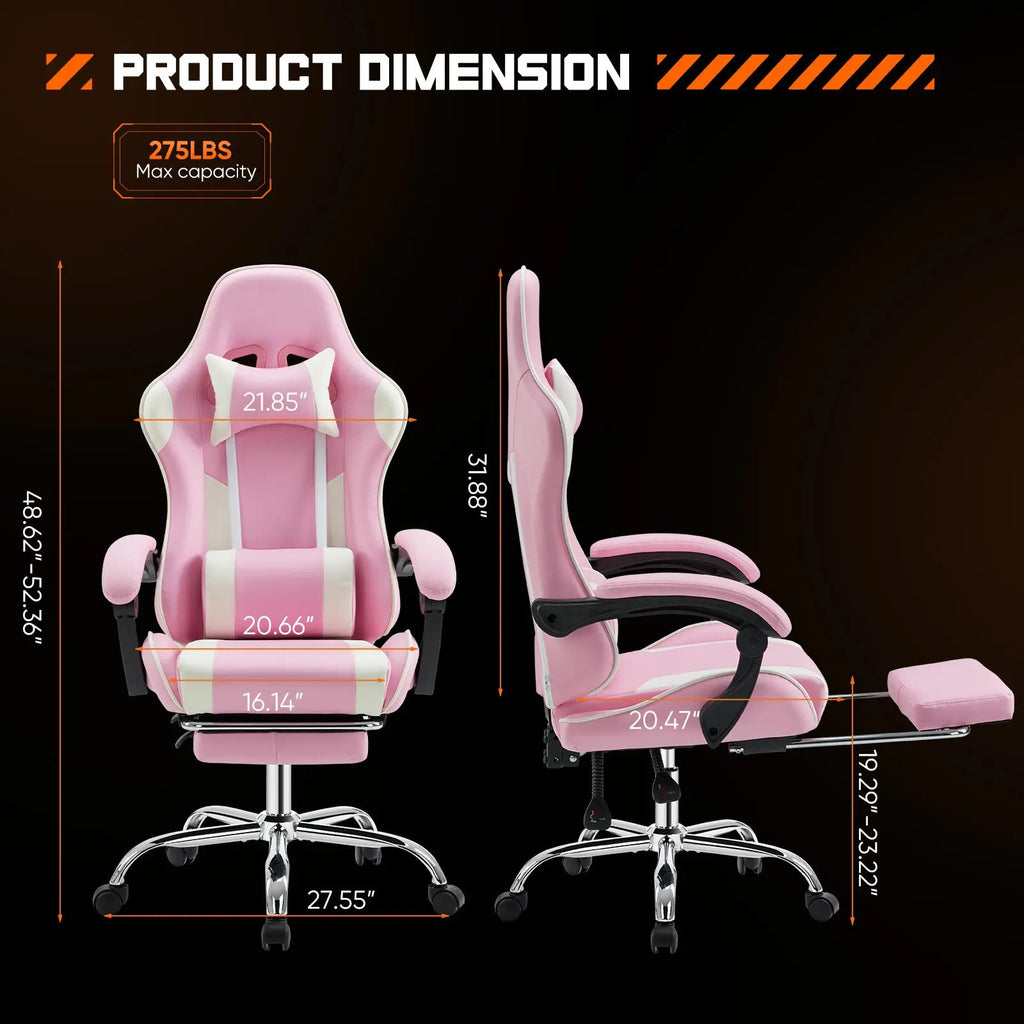 Ergonomic Gaming Chair, PU Leather Office & Gaming Recliner Chair with Height Adjustment, Fixed Armrests, Headrest, Retractable Footrest, 360° Swivel, Racing-Style Design for Home Office, Computer Use & Gaming