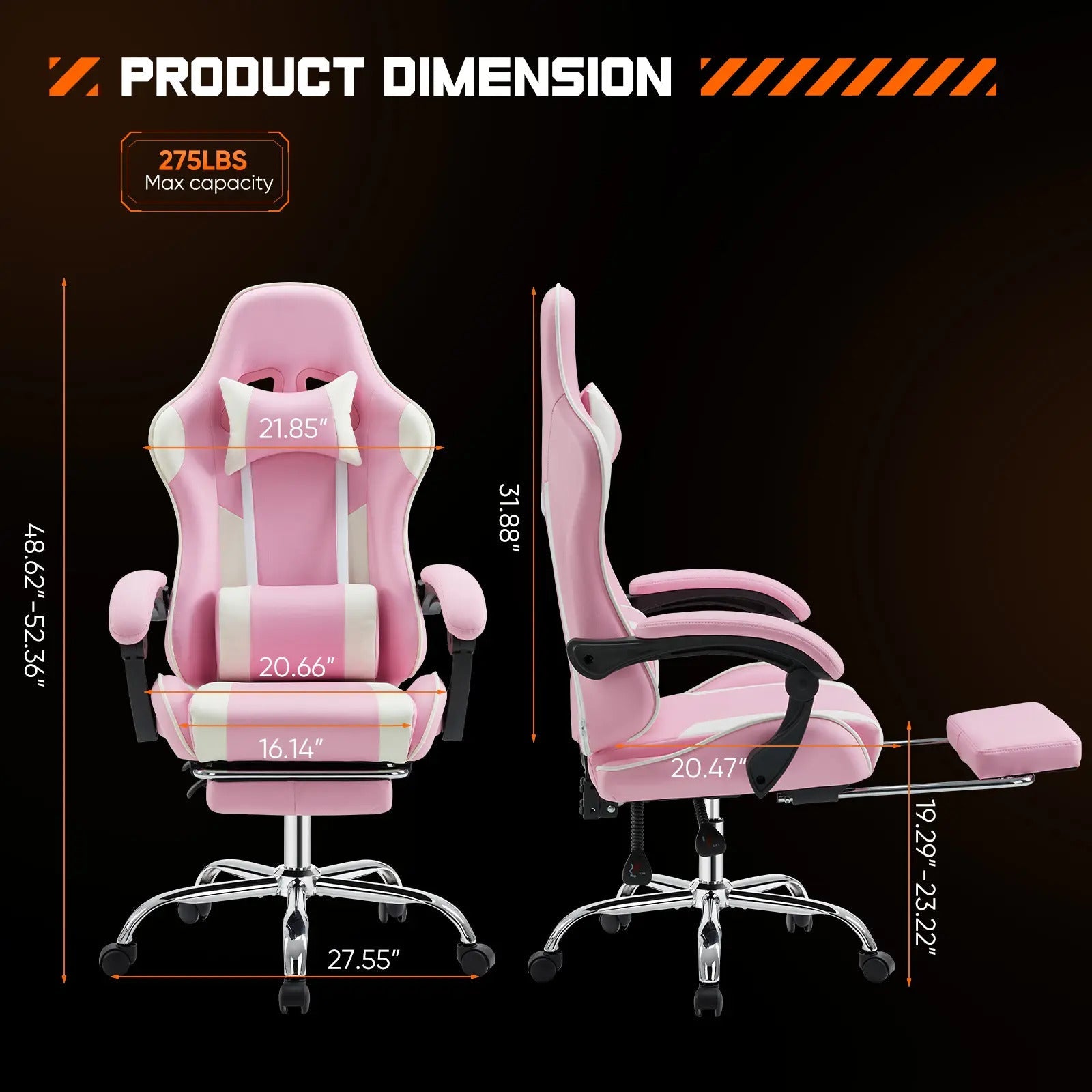 Ergonomic Gaming Chair, PU Leather Office & Gaming Recliner Chair with Height Adjustment, Fixed Armrests, Headrest, Retractable Footrest, 360° Swivel, Racing-Style Design for Home Office, Computer Use & Gaming