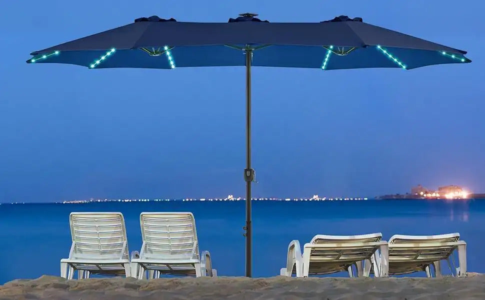 15ft Solar LED RGB Patio Umbrella, 12-Mode Color Changing Outdoor Umbrella with Base Stand, UV & Weather Resistant, Triple-Vented Canopy, Multi-Mode LED Light Strips