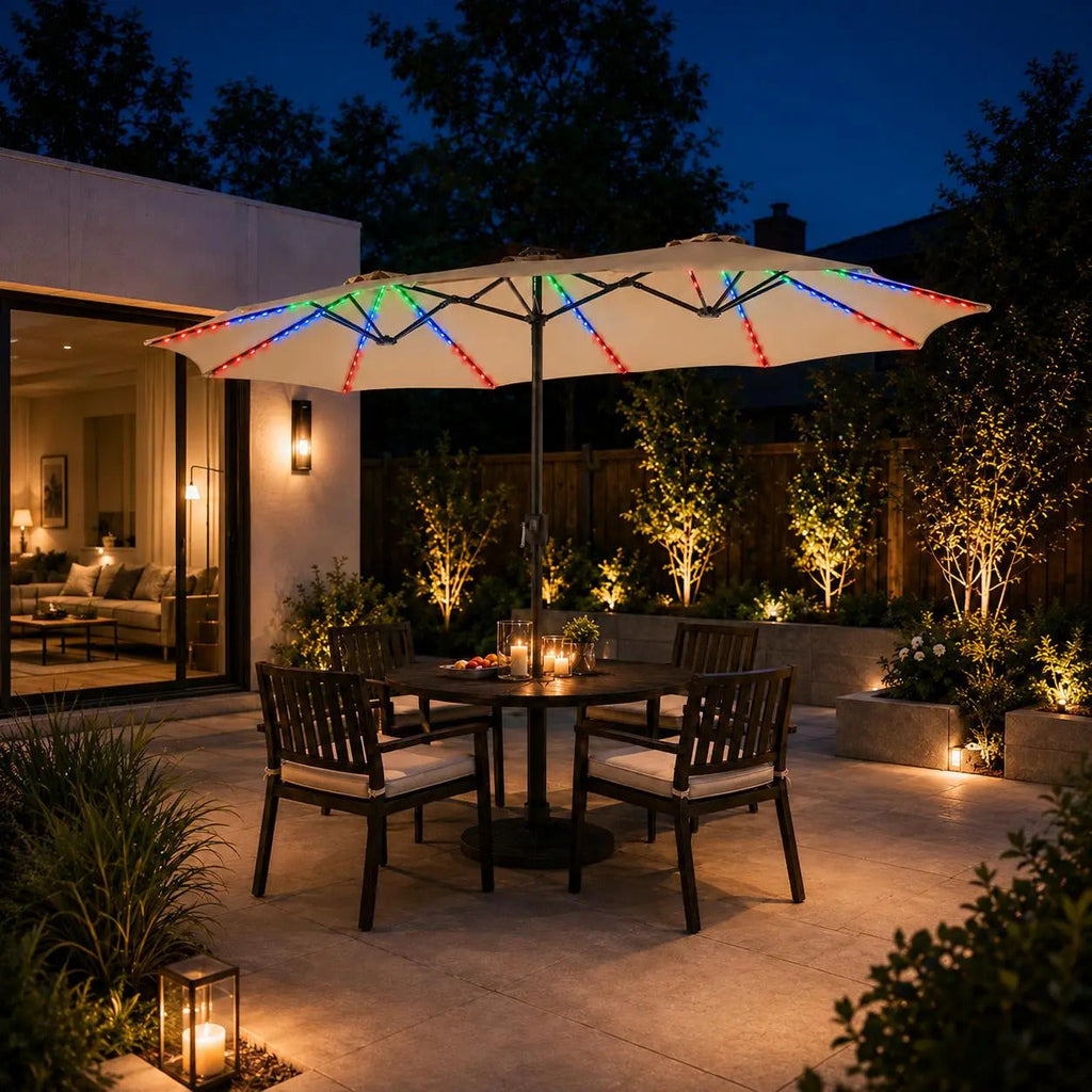 15ft Solar LED RGB Patio Umbrella, 12-Mode Color Changing Outdoor Umbrella with Base Stand, UV & Weather Resistant, Triple-Vented Canopy, Multi-Mode LED Light Strips
