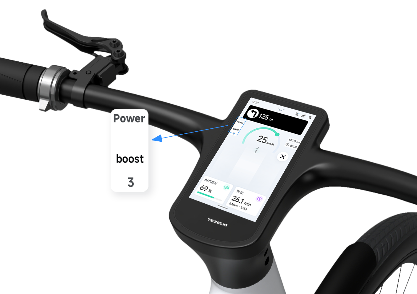 Tezeus e-bike boost mode: 125 m instant surge power for quick acceleration